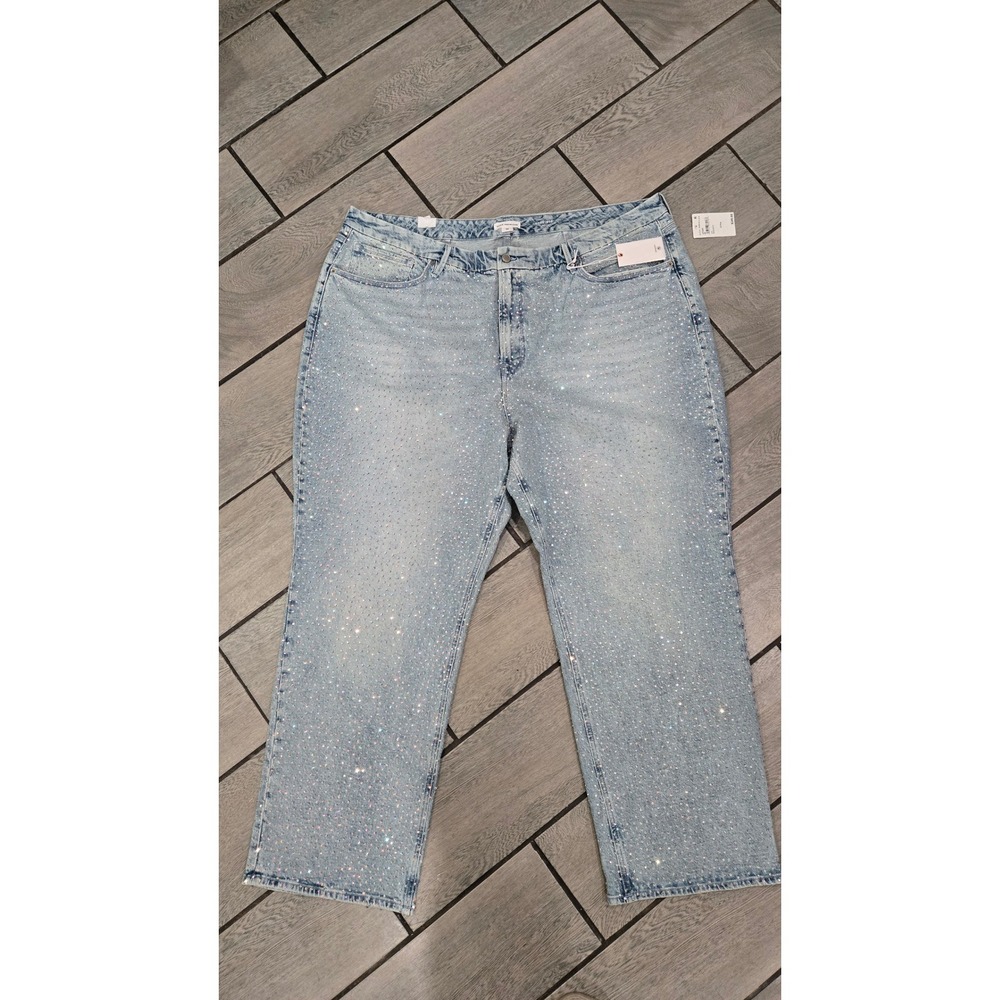 GOOD AMERICAN Rhinestone Embellished Denim Jeans Mid Rise Relaxed‎ Fit 22